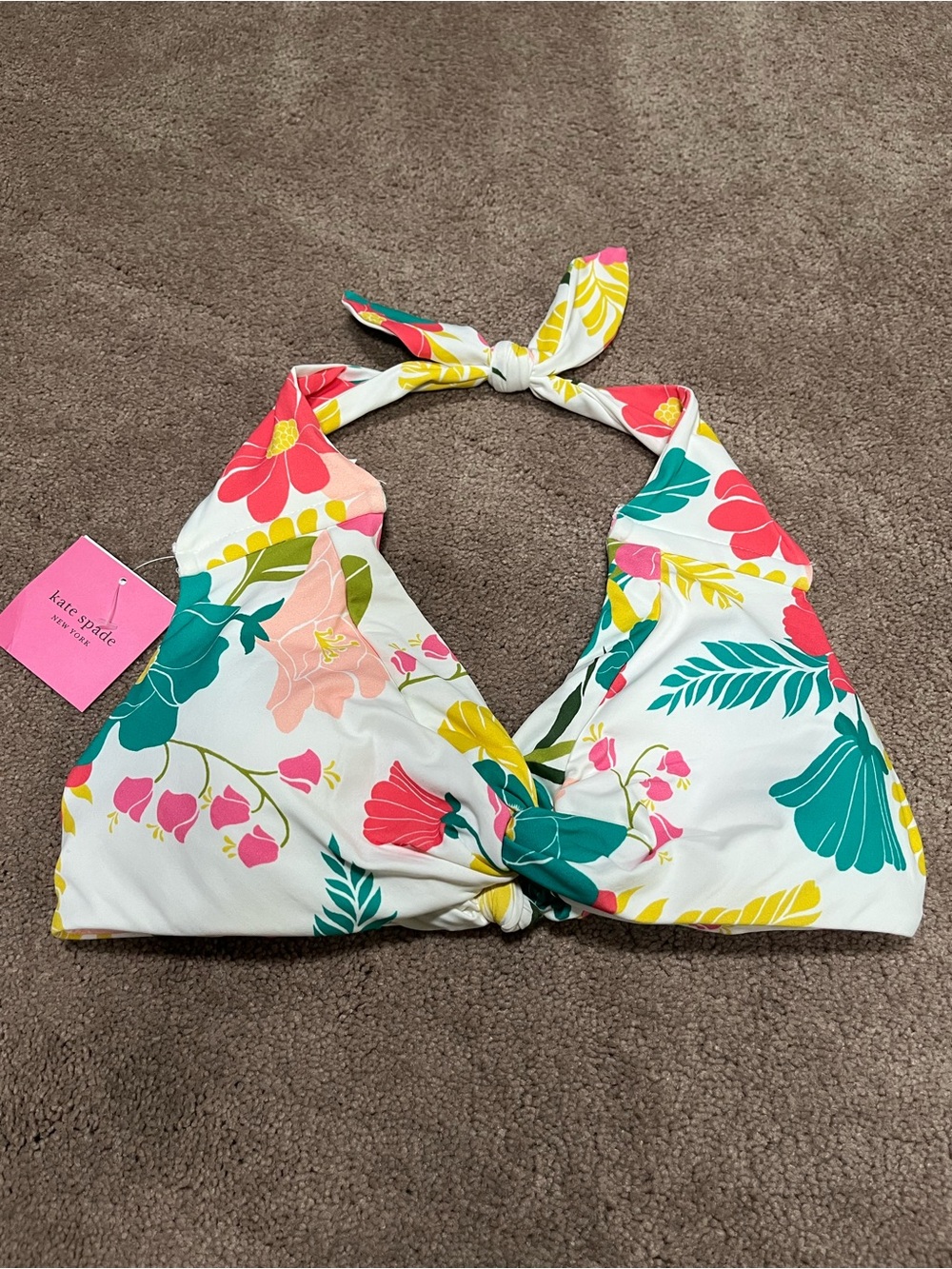 Kate Spade Floral Halter Bikini Top - White Background with Pink & Teal Blooms
